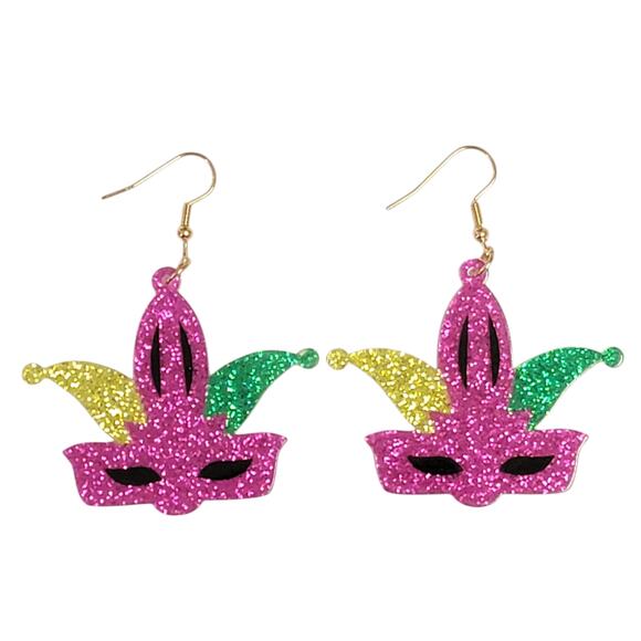 Mardi Gras Mask‎ Earrings Purple Green Yellow Dangle New Orleans Party Jewelry - Picture 1 of 3